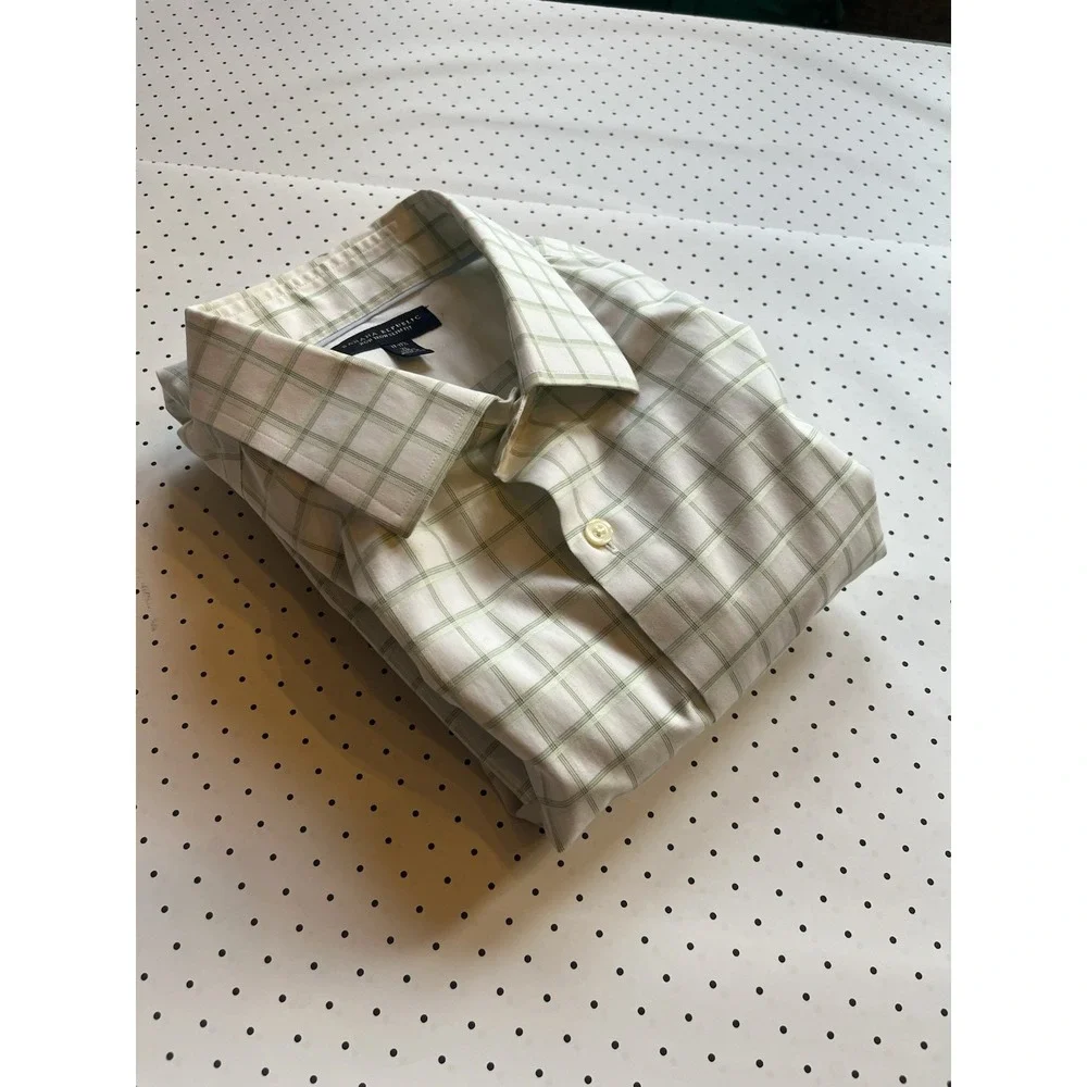 Non-Iron‎ Slim Fit Windowpane Dress Shirt Men XL White Green Office Formal